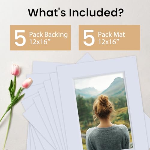 5 Pack Acid Free 12x16 White Picture Mats Board Kit for 8x12