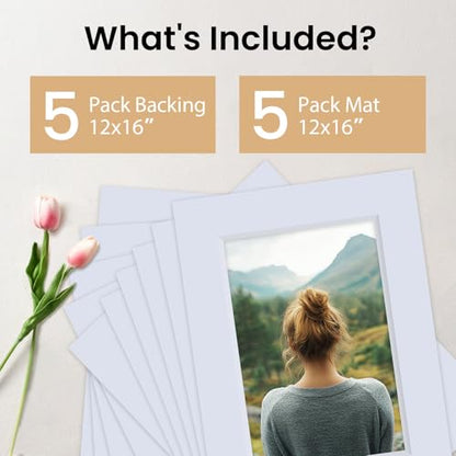 5 Pack Acid Free 12x16 White Picture Mats Board Kit for 8x12