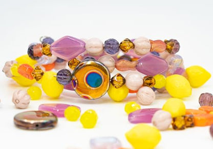 1.4oz (40g) Limited Mix of Czech Glass Beads, Hand Made Set Kit, Pink Rhombus Flowers Yellow Lemon Beads