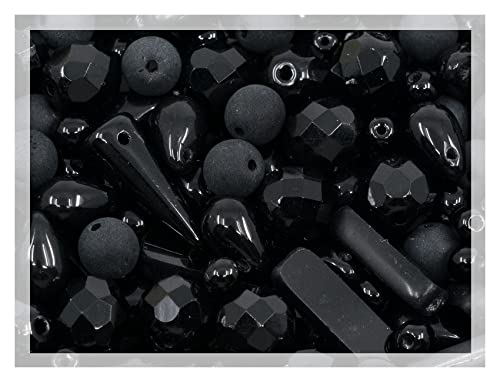 2.1oz (60g) of Glass Bead Mix with Drops, Table-Cut and fire Polish Czech Beads, Glossy & Matte Black (2.1164 Ounce)