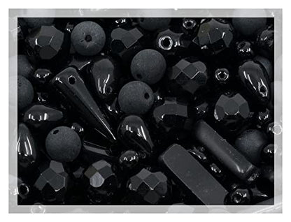 2.1oz (60g) of Glass Bead Mix with Drops, Table-Cut and fire Polish Czech Beads, Glossy & Matte Black (2.1164 Ounce)