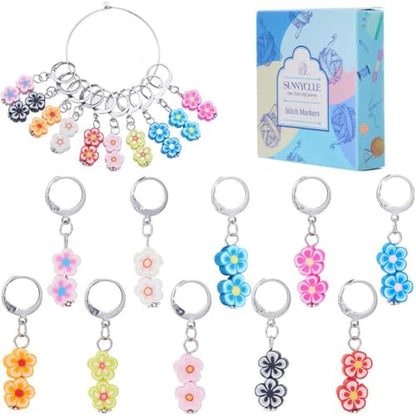 1 Box 20Pcs Knitting Stitch Markers Polymer Clay Flower Beads Cute Charms Removable Locking Crochet Marker Clip on Crocheting Charms for Sewing Weaving Knitting Yarns DIY Craft Supplies (20 Count)