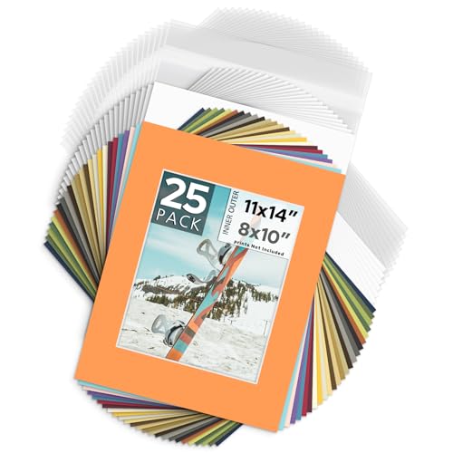 Mat Board Center 25 Pack 11x14 Mat+Backings+Bags for 8x10 Photo Mix Color