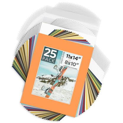Mat Board Center 25 Pack 11x14 Mat+Backings+Bags for 8x10 Photo Mix Color