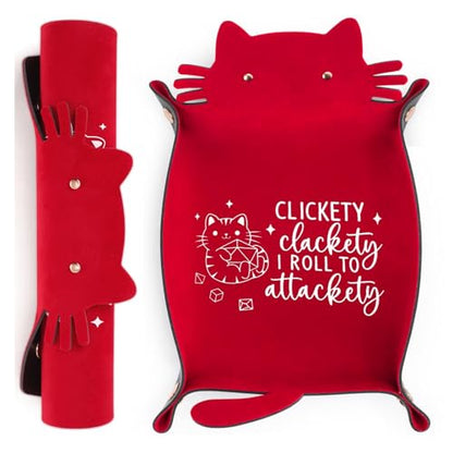 Red Cats Dice Tray Novelty Cat PU Leather Rolling Dice Tray Portable Dice Holder Cute Cat Desk Organizer Funny Gift for RPG