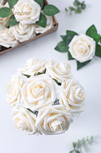 Artificial Flowers 25pcs Real Looking Cream Foam Fake Roses with Stems for DIY Wedding Bouquets Bridal Shower Centerpieces Floral Arrangements Party Tables Home Decorations (25 Count)