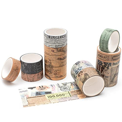 Vintage Washi Tape Set 10 Rolls Wide Decorative Antique Map Stamp Newspaper Masking Tapes for Arts
