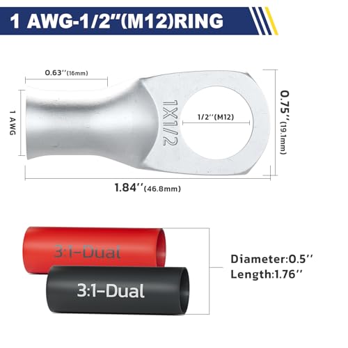 20PCS Battery Cable Lug & Heat Shrink Kit 1 AWG 1 (20 Count)