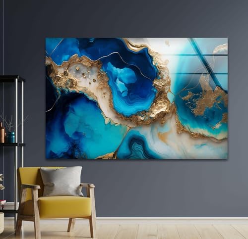 20Wx14H'' Blue Alcohol ink Glass Wall ArtTempered Glass Printing Wall Decor Large Wall Art Wall Hangings
