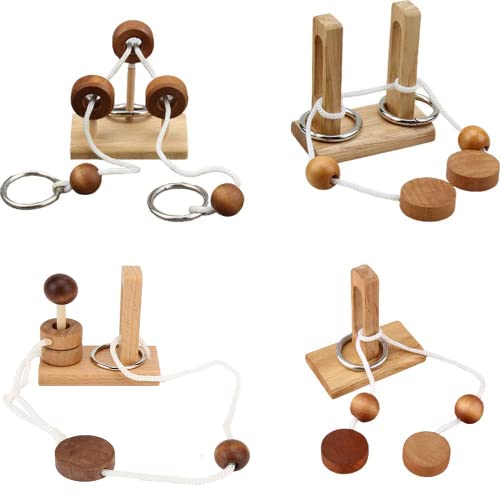 Brain Teaser Puzzle Wooden Threading Rope Loop Puzzle Luban Lock Brain Teaser Game Adult Kids Toy Puzzles for Adults (4 Count)