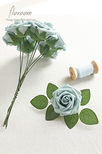 Artificial Flowers 25pcs Real Looking Dusty Blue Foam Fake Roses with Stems for DIY Wedding Bouquets Bridal Shower Centerpieces Floral Arrangements Party Tables Home Decorations (25 Count)