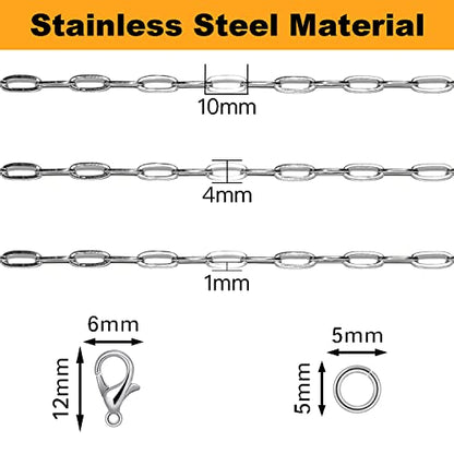 16ft Paperclip Chain 4mm Silver Stainless Steel Paper Clip Link Chain Roll for Necklaces Jewelry Making Bracelet Craft Supplies DIY Earring Findings