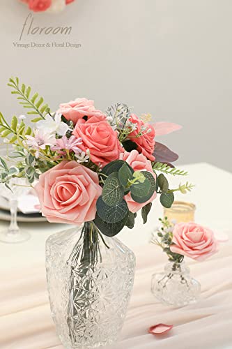 Artificial Flowers 25pcs Real Looking Mixed Living Coral Foam Fake Roses with Stems for DIY Wedding Bouquets Bridal Shower Centerpieces Floral Arrangements Party Tables Home Decorations (25 Count)