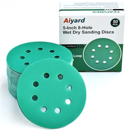 5-Inch 8-Hole Wet Dry Sanding Discs 320 Grit Sandpaper, 50-Pack (50 Count)