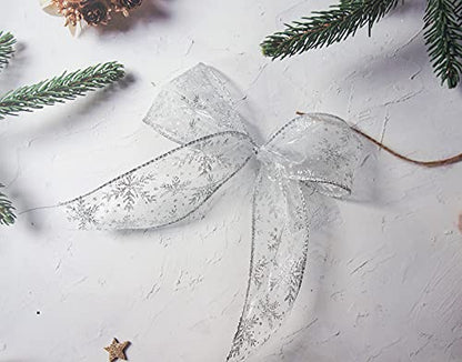 Organza with Silver Glitter Snowflakes Wired Ribbon 2.5 inch x 50 Yards for Christmas Home Decor Tree Topper Bow Gift Wrapping DIY Crafts Wreath Garland Wedding (150 Foot)