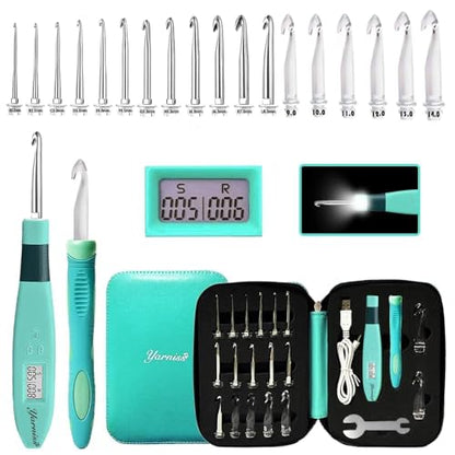18 Size Counting Crochet Hooks Set with Light Handle 2.0mm~14.0mm (18 Count)