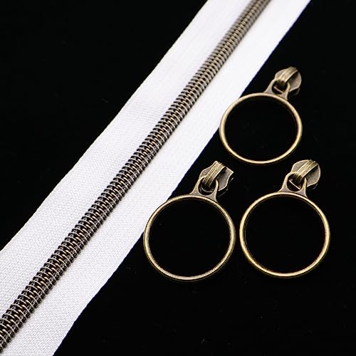5 Antique Brass Metallic Nylon Coil Zippers by the Yard Bulk 10 Yards White Zipper Tape with 25pcs Antique Brass Ring Pull Sliders for DIY Sewing Tailor Craft Bag