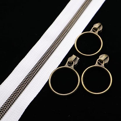 5 Antique Brass Metallic Nylon Coil Zippers by the Yard Bulk 10 Yards White Zipper Tape with 25pcs Antique Brass Ring Pull Sliders for DIY Sewing Tailor Craft Bag