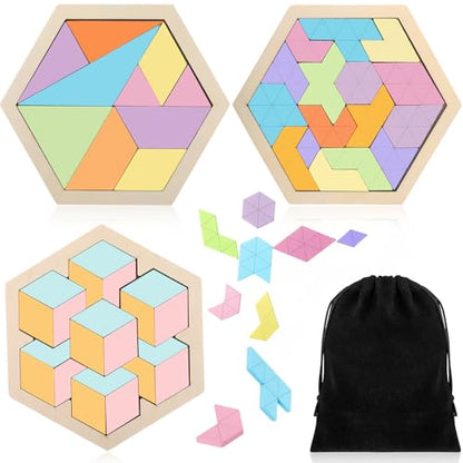 3 Pack Large Wooden Blocks Puzzles Hexagon Tangram Puzzle Wooden Russian Brain Puzzles for Adult Challenge Teasers Geometric Jigsaw Logic Iq STEM Educational Gift Graduation (3 Count)