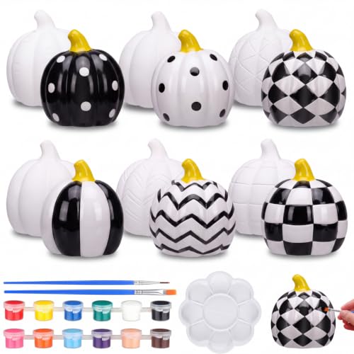 6 Sets Fall Pumpkins Ceramics to Paint Black and White Pumpkin Ready to Paint Your Own Ceramic Pumpkins Statues DIY Unpainted Ceramics Paintable Fall Figurines Kit Crafts with Brush Palette