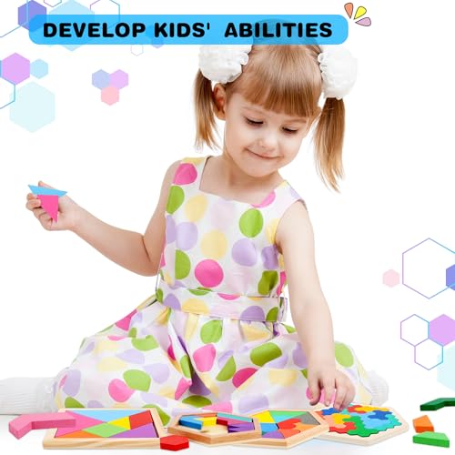 7 Pack Wooden Tangrams Puzzle Set Wooden Hexagon Puzzles Wood Russian Blocks Geometric Block Brain Teaser for Kids Adults 3D Logic Intelligence IQ Game Gift (7 Count)