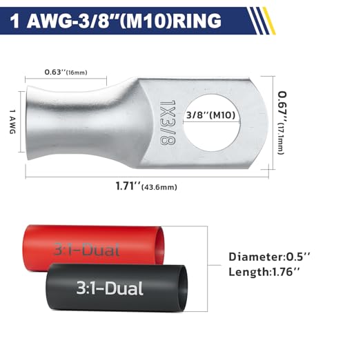 20PCS Battery Cable Lug & Heat Shrink Kit 1 AWG 3