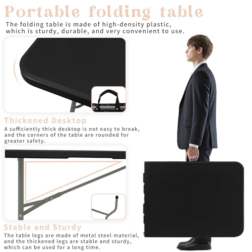 Set of 2 Folding Table 6 FT Lightweight Camping Table Black Portable Plastic Rectangular Outdoor Dining Table Steel Legs Fold (2 Count)