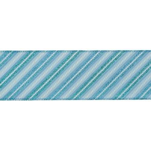 Blue Diagonal Stripe Ribbon 2.5 Inch Blue Satin with Turquoise and Teal Glitter Wired Ribbon for Wreath Bow (30 Foot)