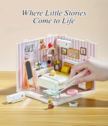 Cozy Bedroom DIY Miniature House Kit with Roof & LED Light