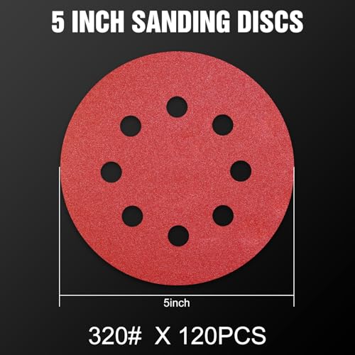 120 Pcs 5 inch Sanding Discs 320 Grit 8 Hole Hook and Loop Round Sandpaper for Random Orbital Sander (120 Count)