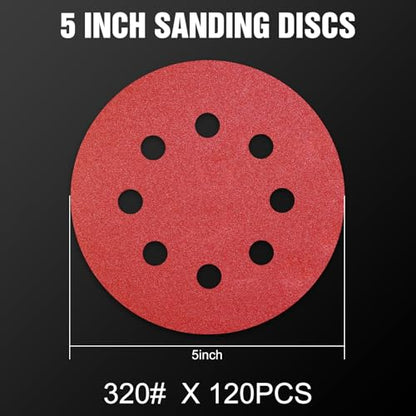 120 Pcs 5 inch Sanding Discs 320 Grit 8 Hole Hook and Loop Round Sandpaper for Random Orbital Sander (120 Count)