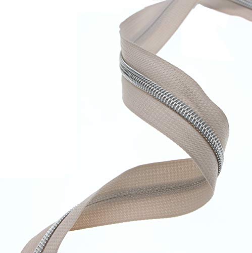 5 Silver Teeth Metallic Nylon Coil Zippers by The Yard Bulk 10 Yards Beige Zipper Tape with 25pcs Silver Sliders for DIY Sewing Tailor Craft Bag Luggage Sofa Zipper