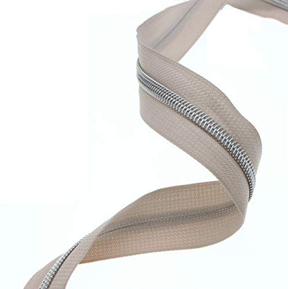 5 Silver Teeth Metallic Nylon Coil Zippers by The Yard Bulk 10 Yards Beige Zipper Tape with 25pcs Silver Sliders for DIY Sewing Tailor Craft Bag Luggage Sofa Zipper