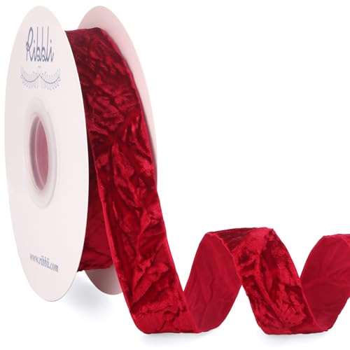 Dark Red Velvet Ribbon 1 Inches Luxury Crinkled Red Christmas Ribbon for Gift Wrapping Crafts Home Decor