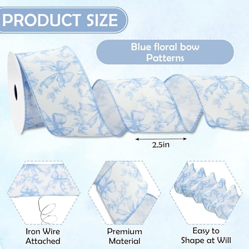 Blue Floral Bow Wired Edge Ribbon Chinoiserie Flower Bowknot Fabric Ribbon for DIY Crafts Wreath Bow Making Supplies