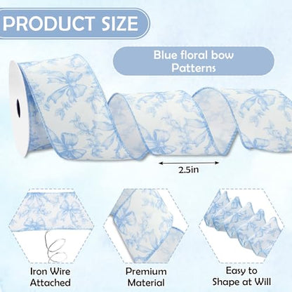 Blue Floral Bow Wired Edge Ribbon Chinoiserie Flower Bowknot Fabric Ribbon for DIY Crafts Wreath Bow Making Supplies