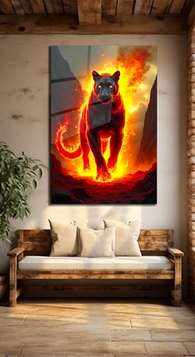 Fiery Black Panther Glass Wall Art Painting for Living Room