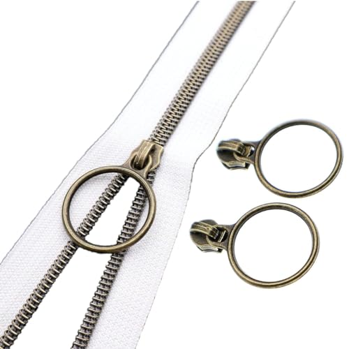 5 Antique Brass Metallic Nylon Coil Zippers by the Yard Bulk 10 Yards White Zipper Tape with 25pcs Antique Brass Ring Pull Sliders for DIY Sewing Tailor Craft Bag