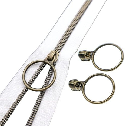 5 Antique Brass Metallic Nylon Coil Zippers by the Yard Bulk 10 Yards White Zipper Tape with 25pcs Antique Brass Ring Pull Sliders for DIY Sewing Tailor Craft Bag