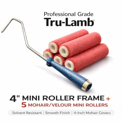 Premium 4 Inch Mohair Mini Paint Roller 6pc Set. 4" Mini Roller Frame + 5 Pack