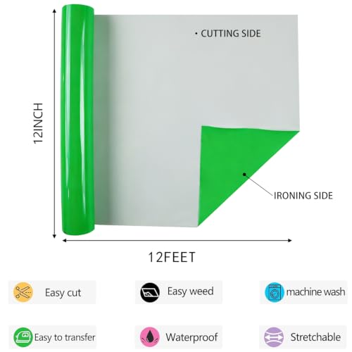 Neon Green HTV Iron on Vinyl 12Inch by 12ft Roll HTV Heat Transfer Vinyl for T