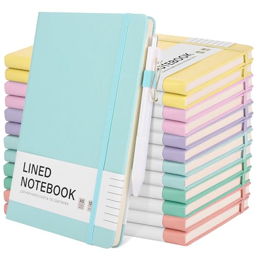 12 Set Lined Notebook Journals with Pens A5 Notebooks 100 GSM College Ruled Hardcover Notebook PU Leather Notepad with Pen Holder for Office School (12 Count)
