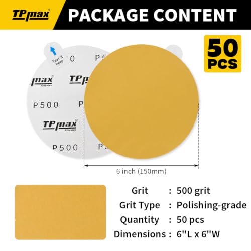 6-Inch 500-Grit Gold PSA Sanding Discs, 50 Pack – Pro-Grade Self-Adhesive Stickyback Sandpaper with Quick-Release Tabs for DA Sander, Polishing-Grade Automotive/Wood/Metal Sanding (50 Count)