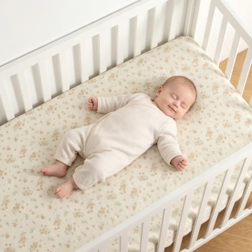 Organic Baby Crib Sheets 52x28 Inches 2 Pack 100% Muslin Cotton Soft Boho Toddler Fitted Crib Bed Mattress Sheet for Baby Girls Fits Standard Size Crib Mattress 28x52 Inches Blossom & Grass Green (2 Count)
