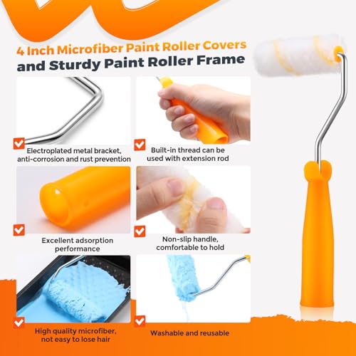 160 Pcs 4 Inch Paint Roller Covers with 2 Holder Microfiber Mini Small Paint Roller Kit for Painting Walls House Home