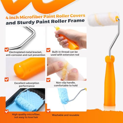 160 Pcs 4 Inch Paint Roller Covers with 2 Holder Microfiber Mini Small Paint Roller Kit for Painting Walls House Home