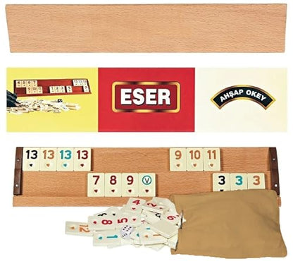 Turkish Okey Game Rummy Cube Game Rummy Cube Set with 4 Straight Wooden Racks Tile Holder and 106 Melamine Tiles Stones in Pouch