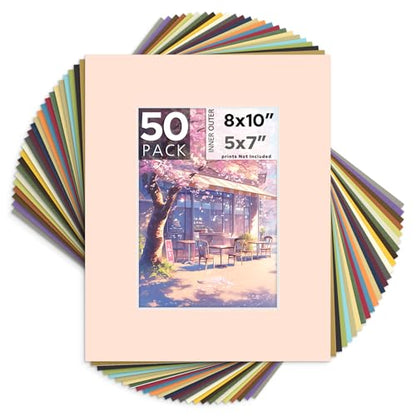 Mat Board Center 50 Pack 8x10 Picture Mat for 5x7 Photo Mixed Color