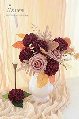Artificial Dahlia Flowers 25pcs Real Looking Burgundy Foam Fake Roses with Stems for DIY Wedding Bouquets Dark Red Bridal Shower Centerpieces Floral Arrangements Party Tables Home Decoration (25 Count)