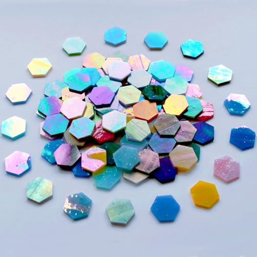 100 pcs Hexagon Iridescence Stained Glass Pieces Mosaics Tiles for Crafts Bulk (100 Count)